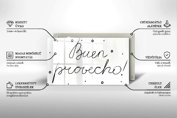 Skärbräda i härdat glas Inskriptionen Buen provecho!