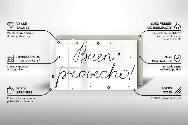 Skärbräda i härdat glas Inskriptionen Buen provecho!