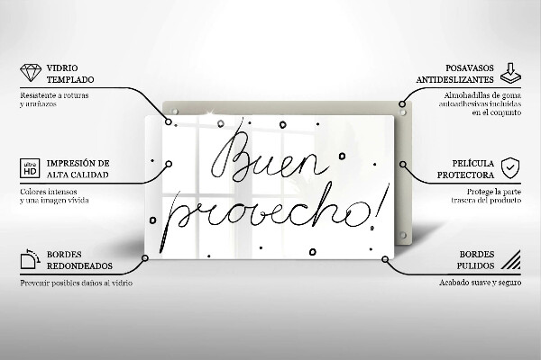 Skärbräda i härdat glas Inskriptionen Buen provecho!