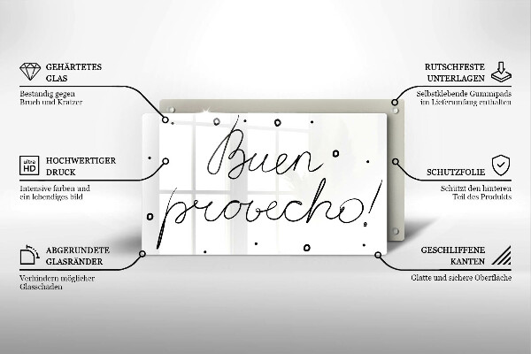 Skärbräda i härdat glas Inskriptionen Buen provecho!