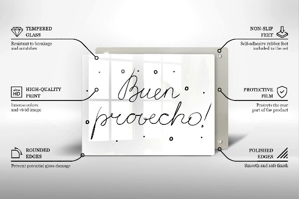 Skärbräda i härdat glas Inskriptionen Buen provecho!