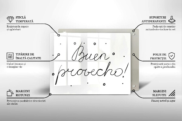 Skärbräda i härdat glas Inskriptionen Buen provecho!