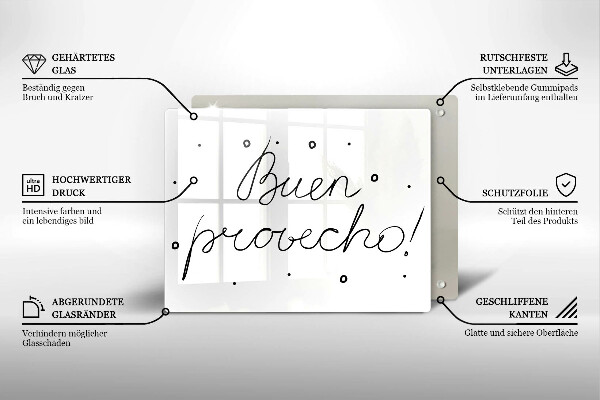 Skärbräda i härdat glas Inskriptionen Buen provecho!