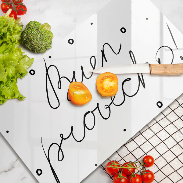 Skärbräda i härdat glas Inskriptionen Buen provecho!