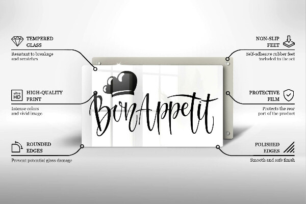 Skärbräda i härdat glas Inskriptionen Bon Appetit