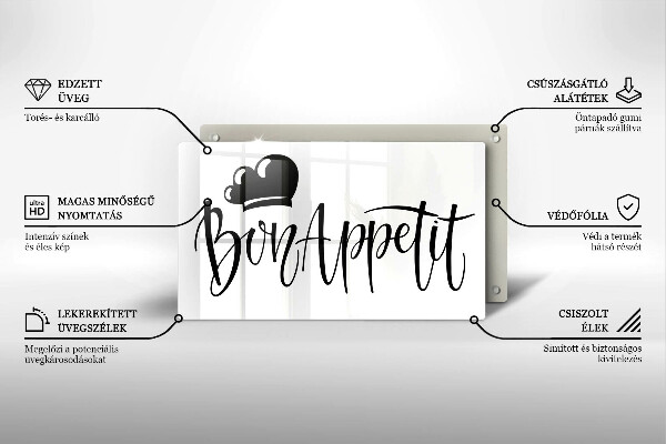 Skärbräda i härdat glas Inskriptionen Bon Appetit