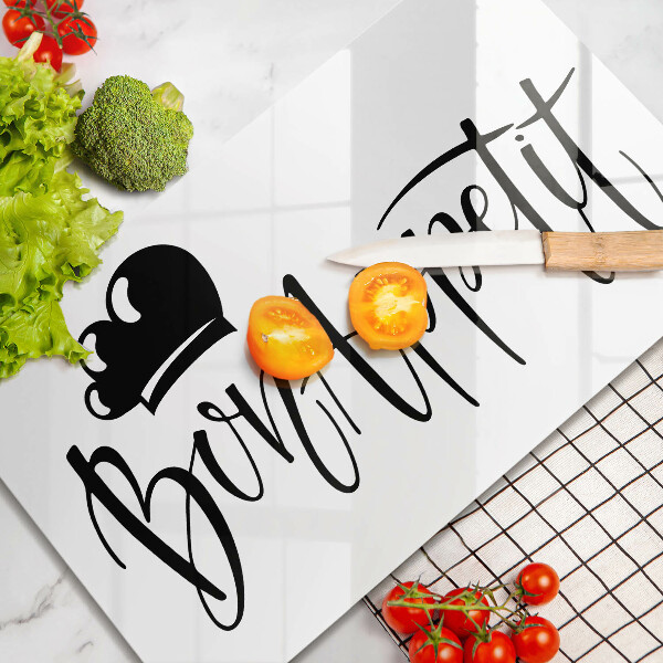 Skärbräda i härdat glas Inskriptionen Bon Appetit