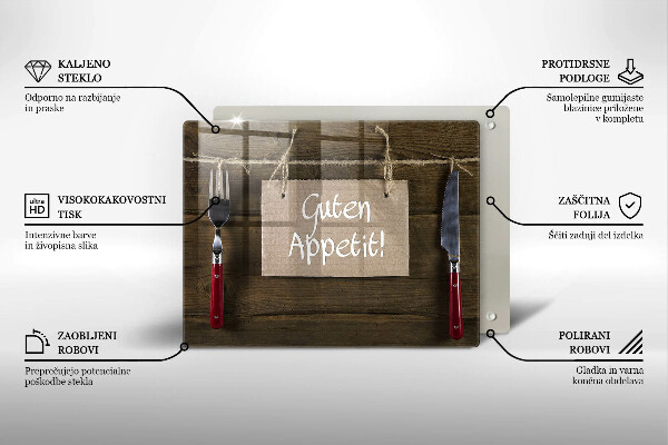 Skärbräda i härdat glas På brädorna står det Guten Apetit