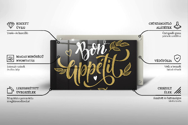 Skärbräda i härdat glas Inskriptionen Bon Appetit