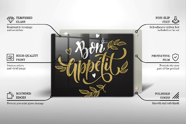 Skärbräda i härdat glas Inskriptionen Bon Appetit