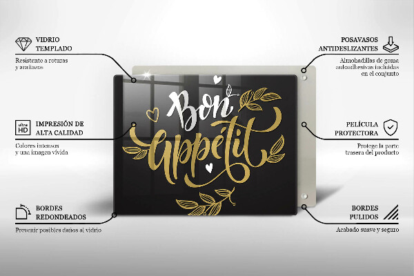 Skärbräda i härdat glas Inskriptionen Bon Appetit
