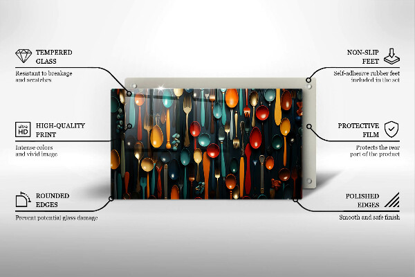 Skärbräda i härdat glas Färgglada skedar och gafflar