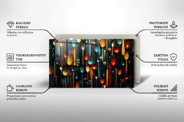 Skärbräda i härdat glas Färgglada skedar och gafflar