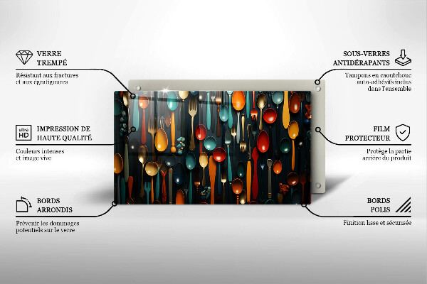 Skärbräda i härdat glas Färgglada skedar och gafflar