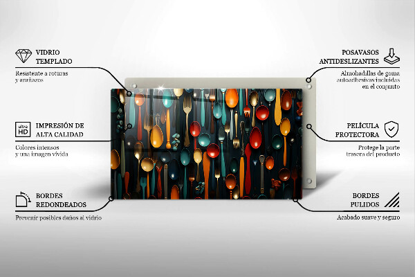 Skärbräda i härdat glas Färgglada skedar och gafflar