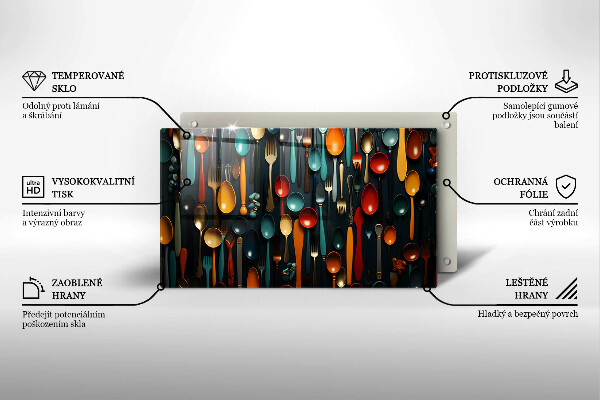 Skärbräda i härdat glas Färgglada skedar och gafflar