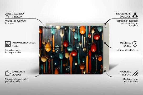 Skärbräda i härdat glas Färgglada skedar och gafflar