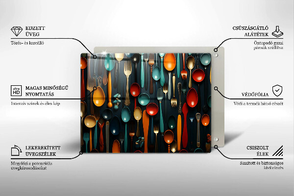 Skärbräda i härdat glas Färgglada skedar och gafflar