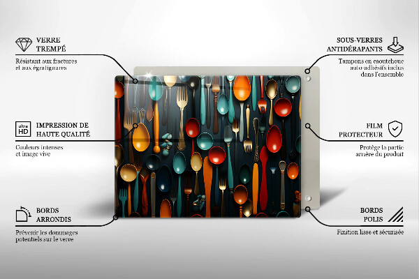 Skärbräda i härdat glas Färgglada skedar och gafflar