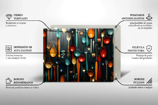 Skärbräda i härdat glas Färgglada skedar och gafflar