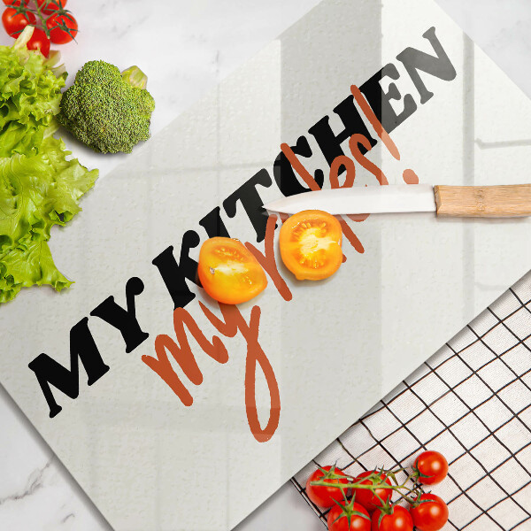 Skärbräda i härdat glas Inskriptionen Mitt kök mina regler