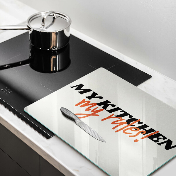 Skärbräda i härdat glas Inskriptionen Mitt kök mina regler