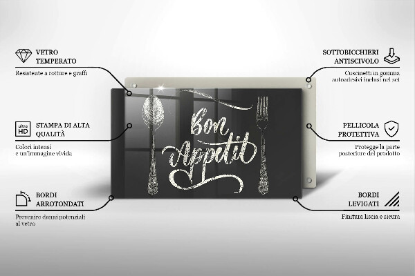 Skärbräda i härdat glas Inskriptionen Bon Appetit