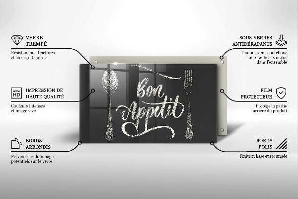 Skärbräda i härdat glas Inskriptionen Bon Appetit