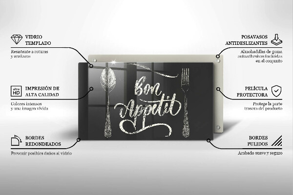 Skärbräda i härdat glas Inskriptionen Bon Appetit