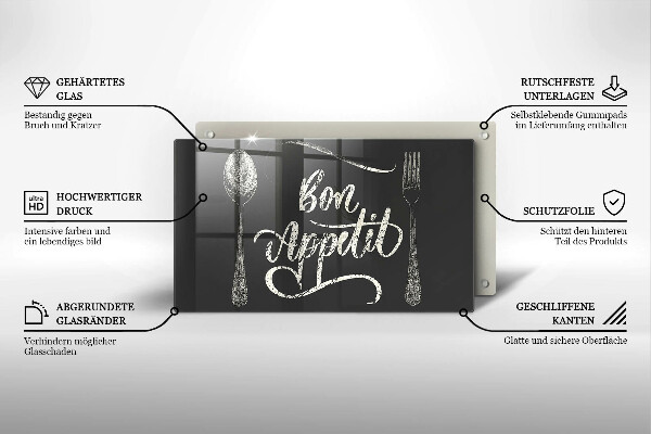 Skärbräda i härdat glas Inskriptionen Bon Appetit