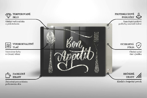 Skärbräda i härdat glas Inskriptionen Bon Appetit