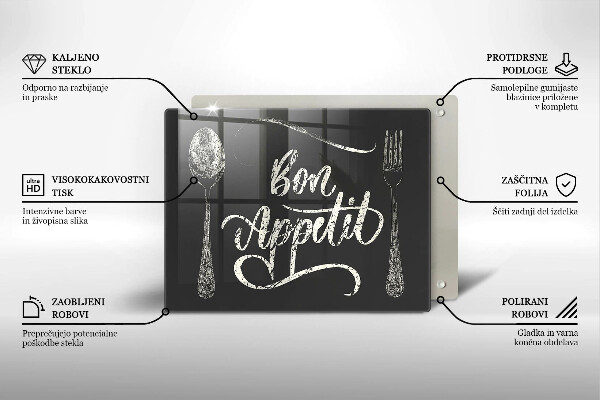 Skärbräda i härdat glas Inskriptionen Bon Appetit