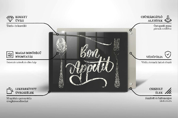Skärbräda i härdat glas Inskriptionen Bon Appetit