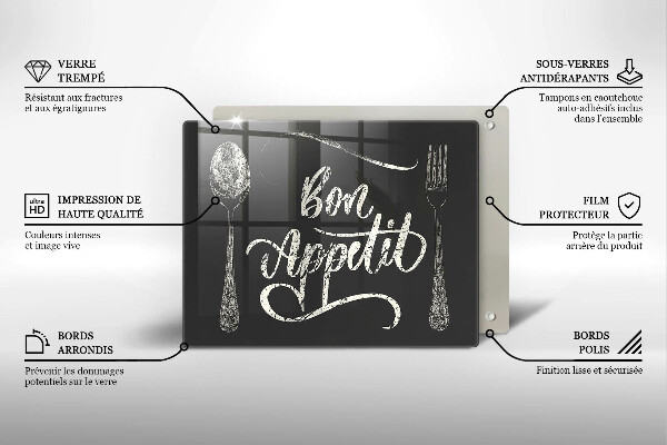 Skärbräda i härdat glas Inskriptionen Bon Appetit