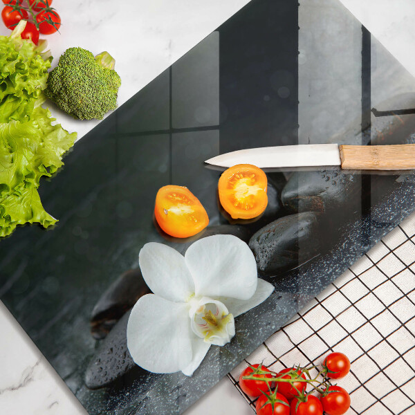 Skärbräda i härdat glas Vita blomma zen stenar