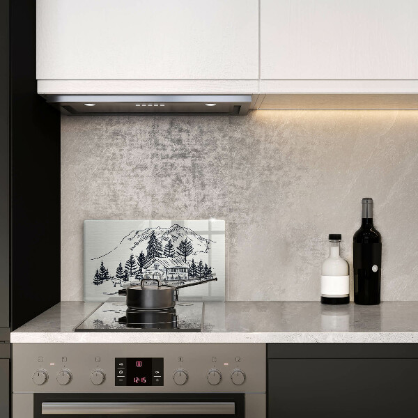 Skärbräda i härdat glas Ritning av ett hus i bergen