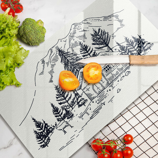 Skärbräda i härdat glas Ritning av ett hus i bergen