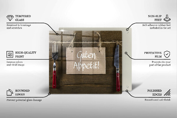 Skärbräda av glas På brädorna står det Guten Apetit