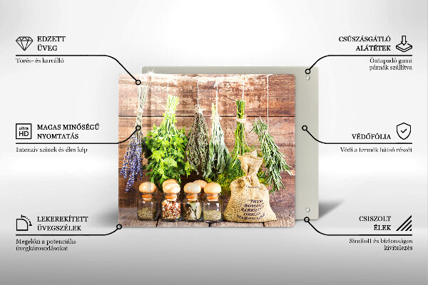 Skärbräda av glas Örter Kryddor och trä