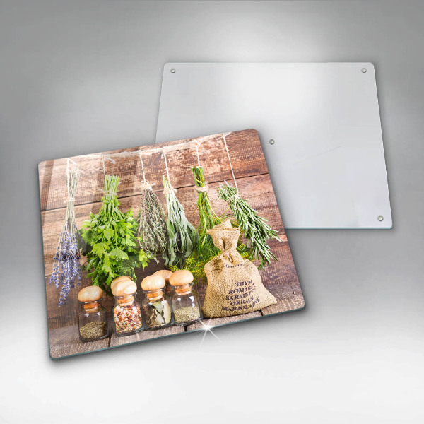 Skärbräda av glas Örter Kryddor och trä
