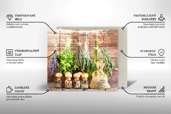 Skärbräda av glas Örter Kryddor och trä