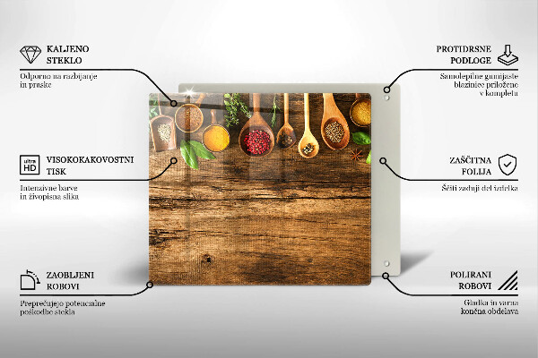 Skärbräda av glas Kryddskedar av trä