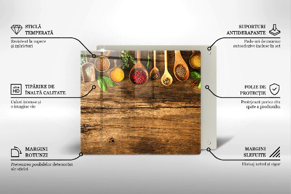 Skärbräda av glas Kryddskedar av trä
