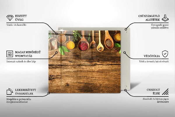 Skärbräda av glas Kryddskedar av trä