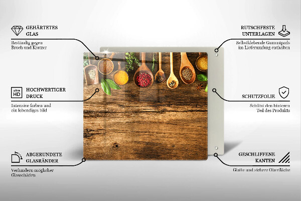 Skärbräda av glas Kryddskedar av trä