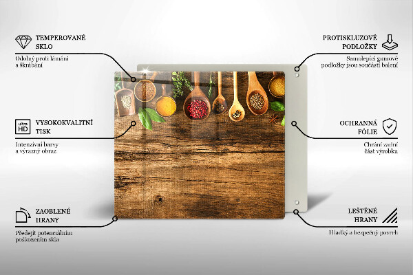 Skärbräda av glas Kryddskedar av trä