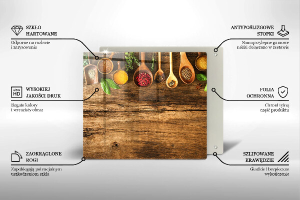 Skärbräda av glas Kryddskedar av trä