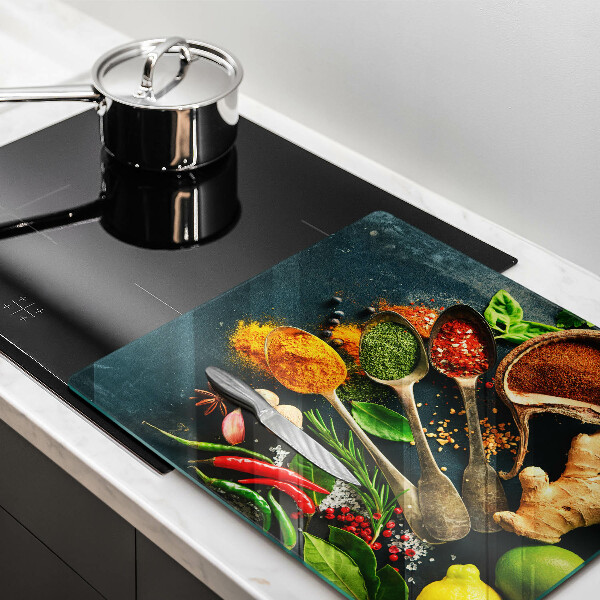 Skärbräda av glas Köks kryddor skedar