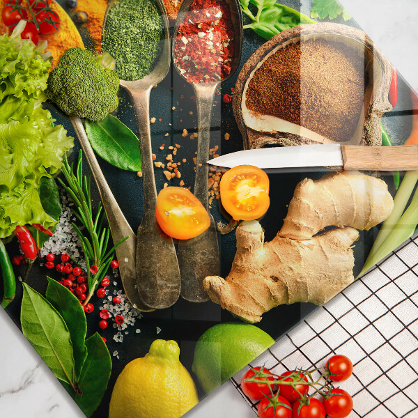 Skärbräda av glas Köks kryddor skedar