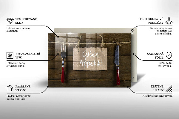 Skärbräda glas modern På brädorna står det Guten Appetit